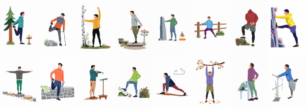 Flat vector illustration set of men performing various warm-up exercises and stretches in outdoor settings such as forests and trails.