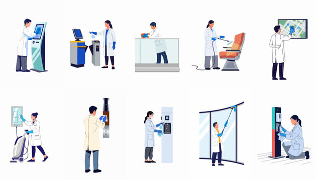 Professional sanitation workers in protective gear disinfecting public touchpoints including kiosks, seats, and elevators for virus prevention and hygiene maintenance.