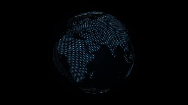 Glowing blue particle Earth globe rotating slowly on dark black background loop animation