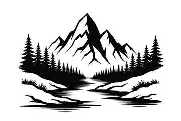 Obraz premium Silhouette of Boat and Ship in Winter Forest Landscape Vector Illustration