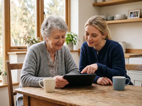 An older adult and a younger adult review a  tablet together at a kitchen table. The scene shows digital safety education, elderly care, and patient support at home.