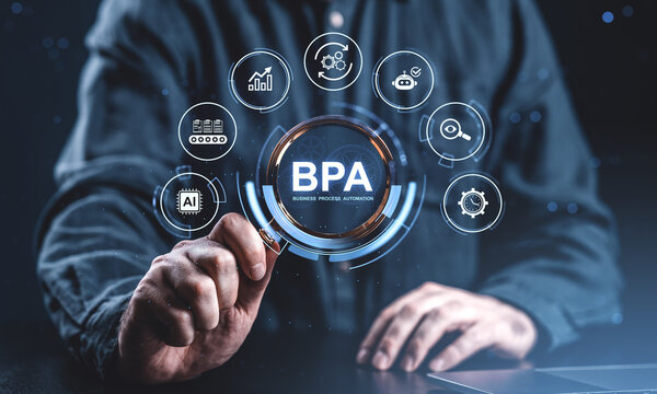 Business process automation modern hologram interface with hand interacting with futuristic digital icons on dark blue background.