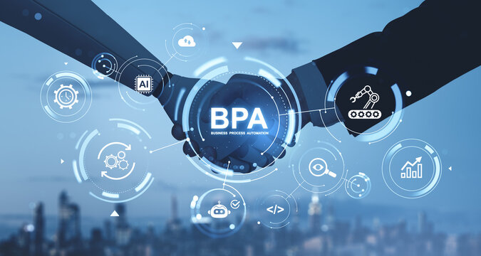 Business handshake with digital automation interface surrounded by futuristic tech icons illustrating modern business process systems on blue background.