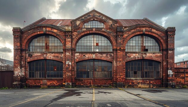 Expansive Industrial Building with Rough Brickwork and Arched Windows Under a Cloudy Sky