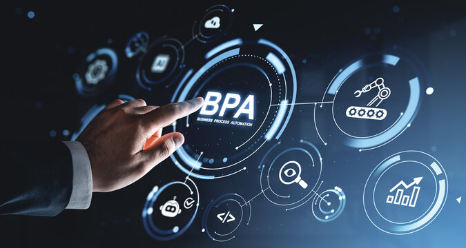Business process automation interface with hand interacting with luminous BPA icons in futuristic style on dark background illustrating modern workflow optimization.