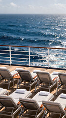 Fototapeta premium Sun loungers are arranged on the deck of a cruise ship overlooking the deep blue ocean water.