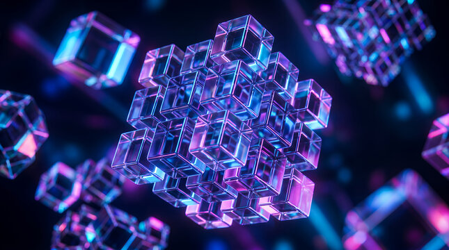 Dynamic floating 3D glass cubes with glowing neon line reflections, depicting decentralized blockchain nodes or digital assets in motion. Futuristic sci-fi concept for web3, cryptocurrency, and server