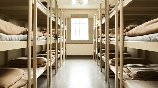 barracks. Military barracks interior with perfectly aligned beds and uniformly folded blankets. event key visuals, club posters, designed for fitness apps and gym onboarding.