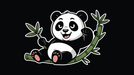 Cute cartoon panda character sitting on bamboo shoot eating leaves with happy expression. © Anukul Debnath