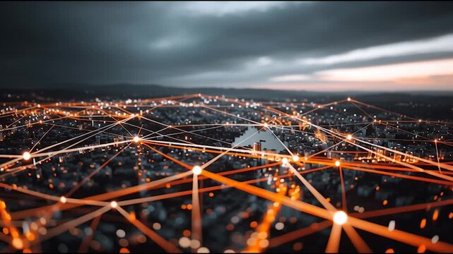Smart digital Innovation city with connection network reciprocity over the cityscape. of future smart wireless digital city and social media networking systems that connects people with in city