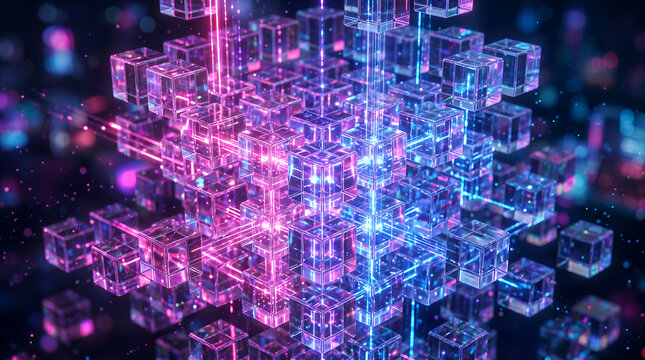 Complex matrix of glowing glass cubes forming a giant data cluster with pink and blue laser lines. Premium 3D illustration symbolizing supercomputing, artificial intelligence, big data analytics, and 