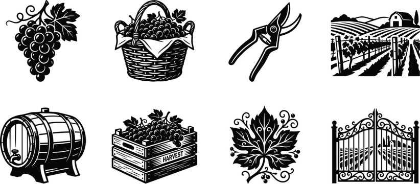 Winemaking and Vineyard Equipment Silhouette Icons for Grape Harvest and Winery Design