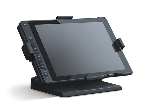 Black LCD monitor isolated on white background, blank computer screen display, digital technology equipment