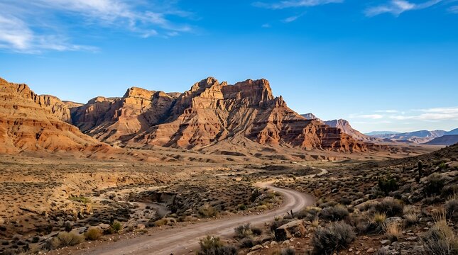 Desert landscape with a winding dirt road leading to rugged red rock formations under a blue sky with scattered clouds