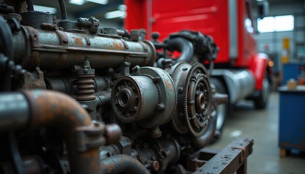 Close-up of rusty truck engine components in workshop. Heavy diesel machinery detail, maintenance, repair. Red truck visible blurred background.