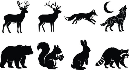Naklejka premium Silhouette Collection of Forest Animals Including Deer, Wolf, Bear, Rabbit, and Raccoon for Wildlife Design