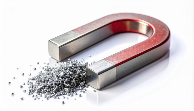 Horseshoe magnet attracting tiny metallic filings, illustrating magnetic force and attraction in a science experiment.