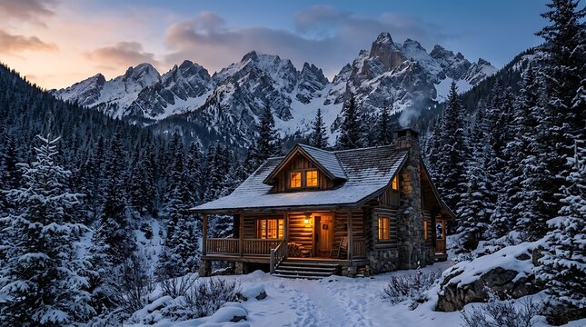 Cozy log cabin with warm lighting nestled in snowy mountain landscape surrounded by evergreen trees at dusk with majestic rugged peaks in background under serene evening sky.