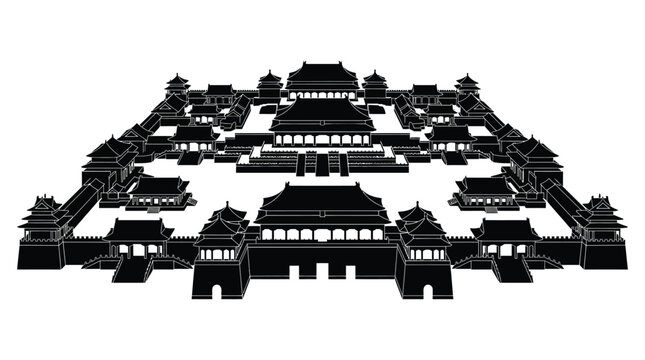 Forbidden city silhouette against a white background detailed architectural rendering