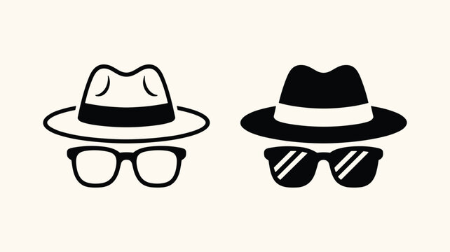 Incognito mode icons featuring minimalist detective hat and spectacles symbols set on plain background in flat vector style.