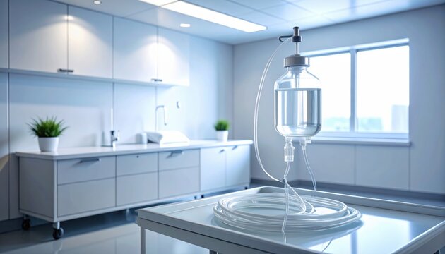 Intravenous drip bag setup in a modern hospital room, highlighting medical treatment and care