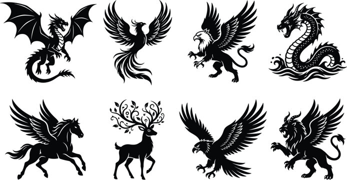 Silhouette Collection of Mythical Creatures Including Dragon, Phoenix, Griffin, Pegasus, and Sea Serpent