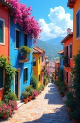 Fototapeta premium Colorful houses line a charming cobblestone street. Vibrant flowers bloom along the path leading to distant hills. This picturesque village scene evokes Mediterranean charm and sunny holidays.