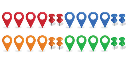 Assorted map pins and push pins collection with location navigation position colorful thumbtack geography business planning destination infographic isolated background stationery assorted © MD OSMAN