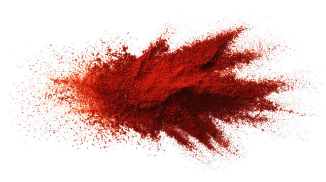 dark red paint particles or paprika pepper powder explosion isolated on white or transparent png