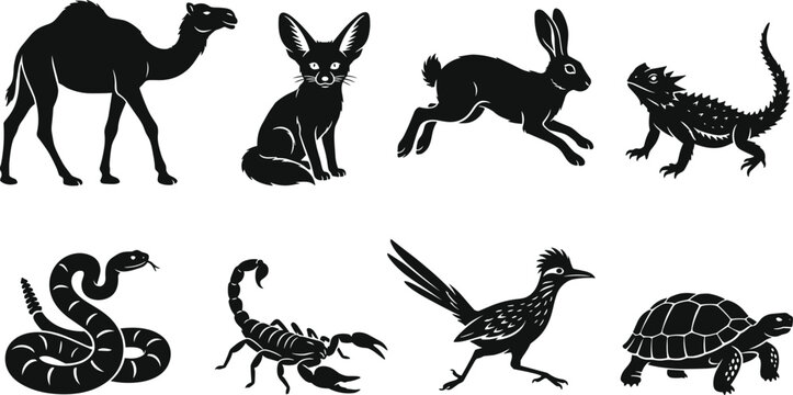 Silhouette Collection of Desert Animals Including Camel, Fennec Fox, Lizard, Snake, and Scorpion