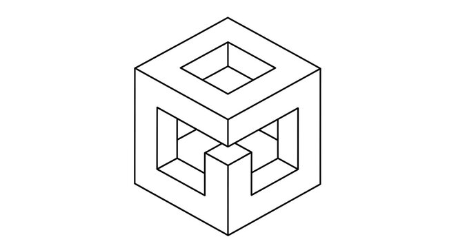 Line drawing of an impossible cube optical illusion in black and white with line art white background black lines brain teaser illusion abstract impossible geometry perception confusion