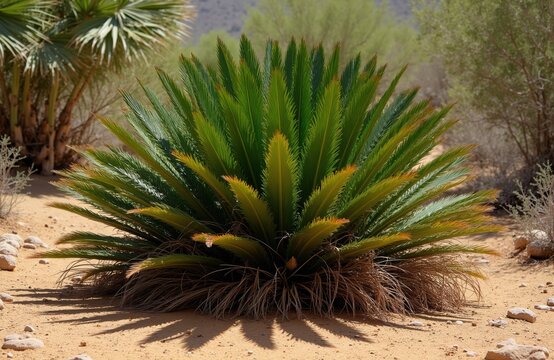 Dioon edule cycad plant grows in dry sandy area. Green palm like leaves spread out from central stem. Arid desert landscape background with sparse shrubs and rocks.