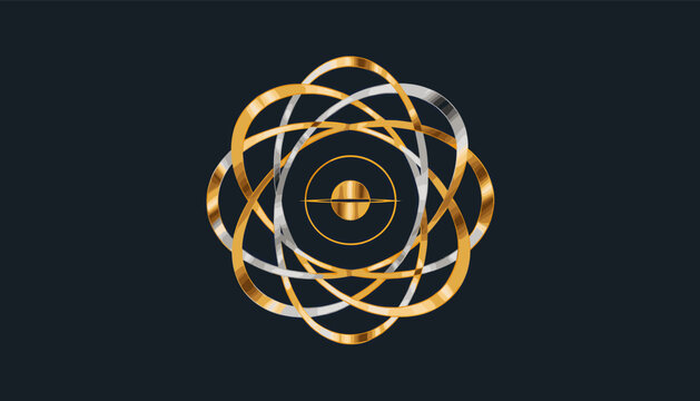 Abstract golden and silver atomic symbol with orbiting electrons on a dark background, representing science and innovation.