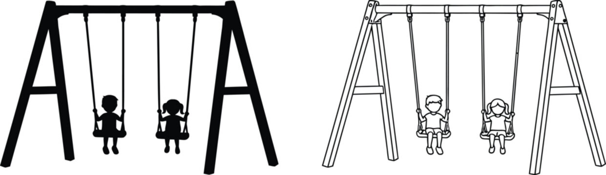 Children playing on a swing set vector illustration featuring a solid black silhouette and a detailed line art outline design