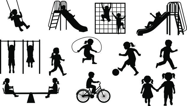 Children playing on playground equipment silhouettes set featuring kids on swings slides monkey bars and bicycles in vector format