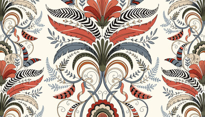 Intricate floral and foliate motif with a symmetrical, ornamental design in warm earthy tones. © Teko