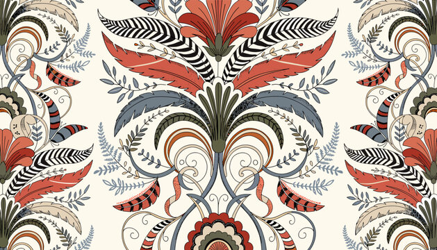 Intricate floral and foliate motif with a symmetrical, ornamental design in warm earthy tones.