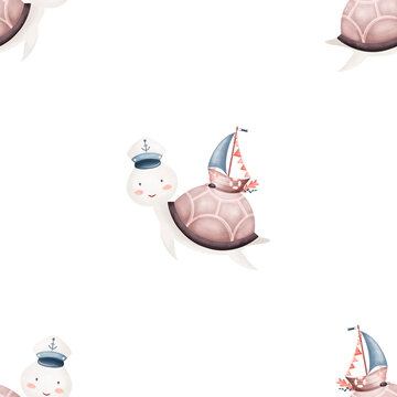 Seamless pattern with turtle with a captain's cap and a ship covered in seaweed, shell. Watercolor print. Hand drawn illustrations on background design textiles fabrics packaging clothes wallpapers