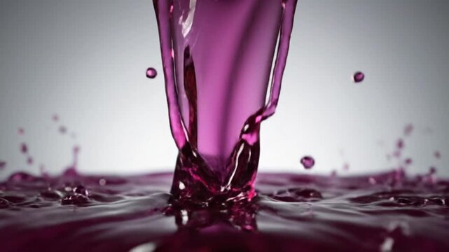 Mesmerizing splash of vibrant magenta liquid forming a crown shape against a gray backdrop, slow motion capture