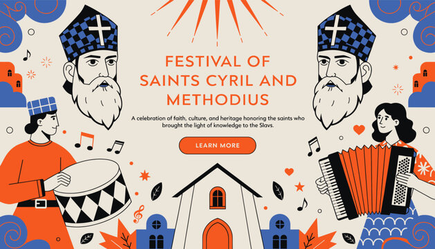 Illustration of the Festival of Saints Cyril and Methodius, depicting the saints, musicians, a church, and cultural celebration.