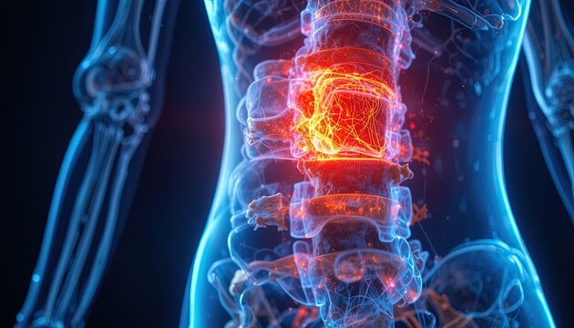 Human skeleton with glowing red lower back pain highlighted in medical x-ray style illustration