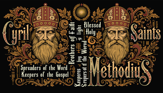 Ornate vintage-style illustration of Saints Cyril and Methodius with decorative scrollwork and religious text on a dark background.