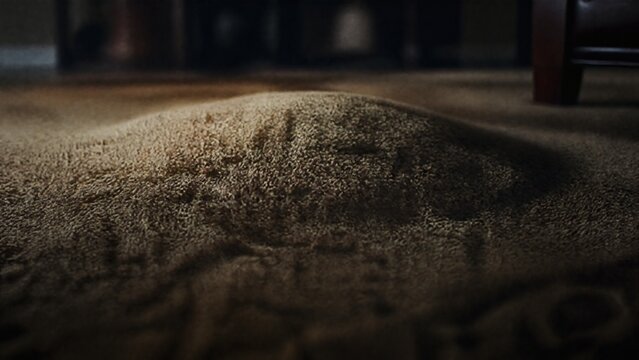 A thick carpet with a mysterious bulge in the center, suggesting a hidden object beneath its textured surface.