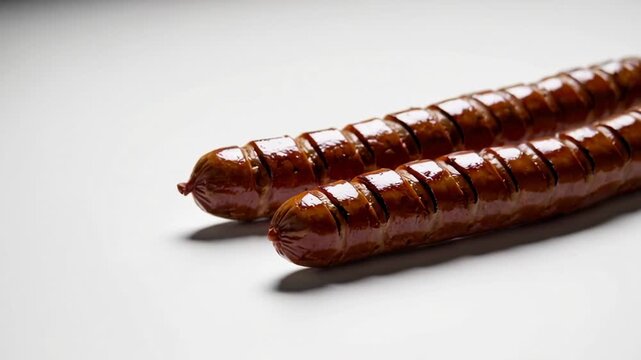 Two delicious grilled sausages, scored and glistening, rotate slowly on a pristine white background, showcasing their appetizing texture and rich color