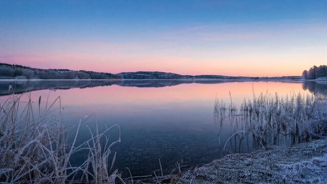 Frozen lake at dawn reflecting clear sky, frost on reeds, windless winter day.
