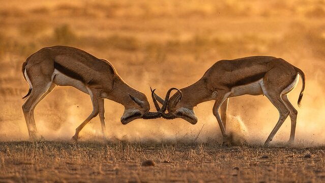Two antelopes locking horns in a dusty savanna during golden hour.