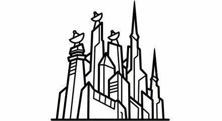 Obraz premium Modern futuristic city skyline outline with tall buildings and communication satellite dishes. Urban technology concept vector.