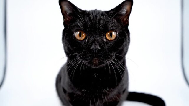 Black cat with amber eyes sitting and meowing in a bright studio against white backdrop, cute pet feline
