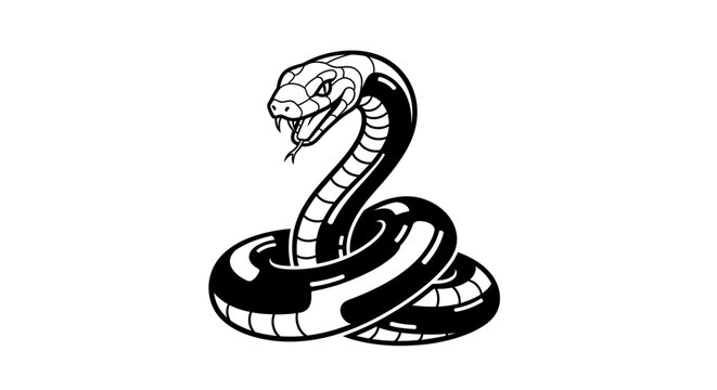 Aggressive coiled cobra snake illustration with fangs and spread hood, black and white vector graphic design element.