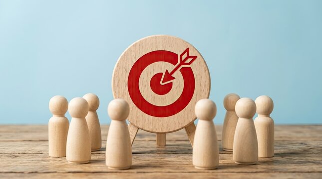 Wooden figures gathered around a target with an arrow hitting the bullseye representing teamwork and success.
